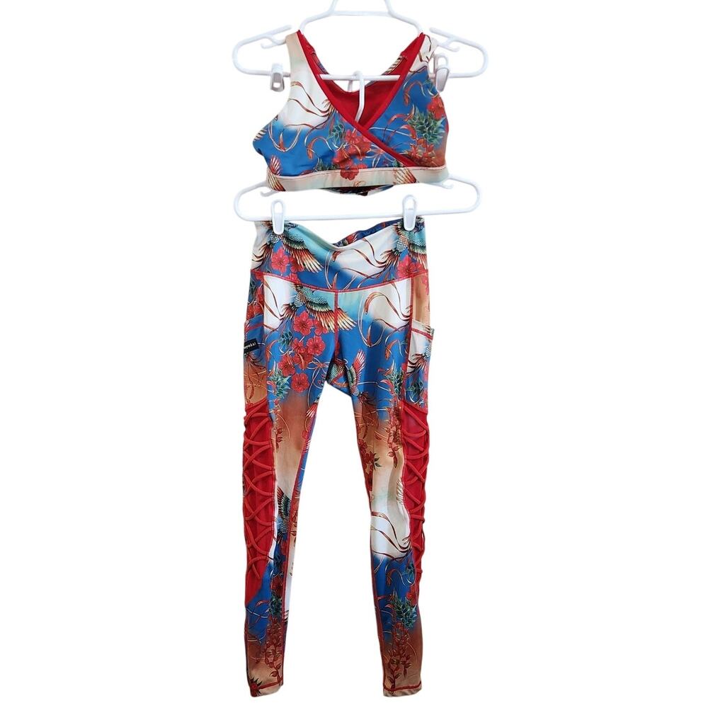 Iron Yokai Erin Sports Bra & Legging Matching Set Gym Floral Bird Red Medium